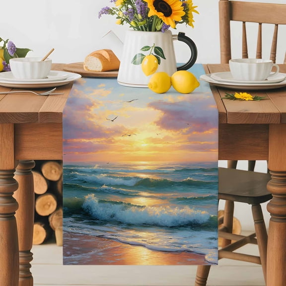 Kitchen Table Runner 36 Inches Long, Summer Seaside Sunset Seagull Cotton Linen Table Runners for Dining Tables Home Holiday Party Wedding, Coastal Ocean Beach Theme Tabletop Scarf