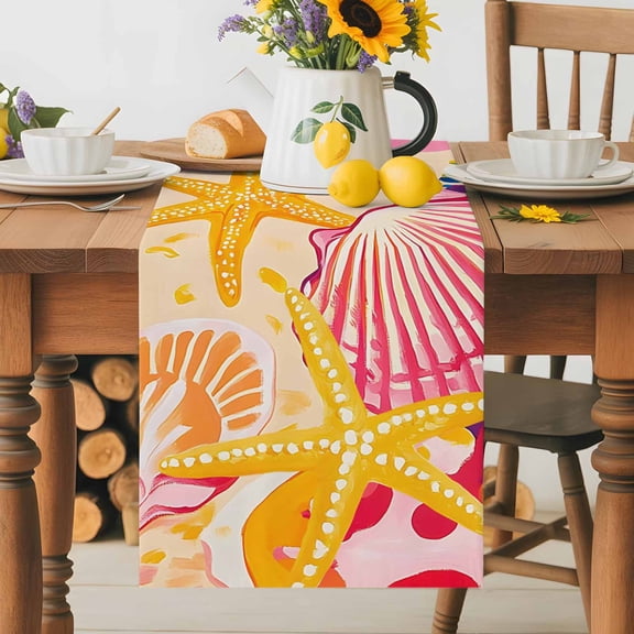 Kitchen Table Runner 36 Inches Long, Summer Starfish Scallop Shell Palm Leaves Cotton Linen Table Runners for Dining Tables Home Holiday Party Wedding, Beach Scene Art Tabletop Scarf