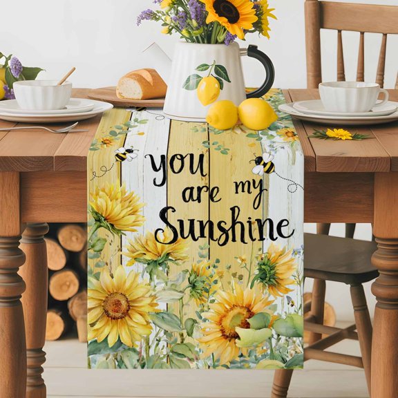 Kitchen Table Runner 36 Inches Long, Summer Sunflower Leaf Bee Cotton Linen Table Runners for Dining Tables Home Holiday Party Wedding, Rustic Plant Yellow Wood Board Tabletop Scarf