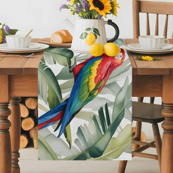 Kitchen Table Runner 36 Inches Long, Summer Tropical Leaves Parrots Cotton Linen Table Runners for Dining Tables Home Holiday Party Wedding, Watercolor Plants Tabletop Scarf