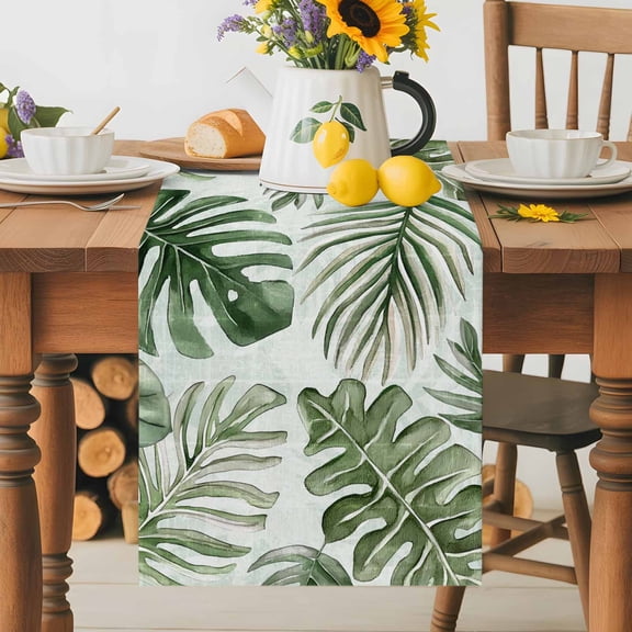 Kitchen Table Runner 36 Inches Long, Summer Tropical Sun-kissed Foliage Cotton Linen Table Runners for Dining Tables Home Holiday Party Wedding, Palm Leaves Tabletop Scarf