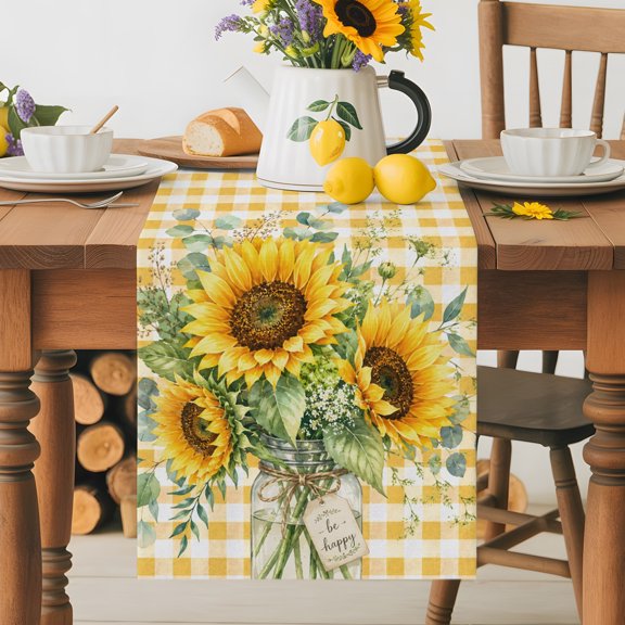 Kitchen Table Runner 36 Inches Long, Summer Watercolor Sunflower Cotton Linen Table Runners for Dining Tables Home Holiday Party Wedding, Rustic Floral Leaf Yellow Checker Tabletop Scarf