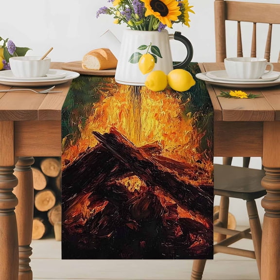 Kitchen Table Runner 36 Inches Long, Sword in Fire Cotton Linen Table Runners for Dining Tables Home Holiday Party Wedding, Burning Wood Art Tabletop Scarf