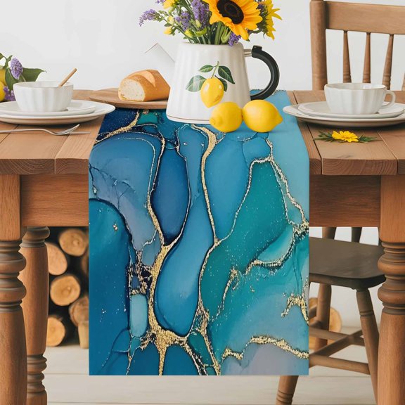 Kitchen Table Runner 36 Inches Long, Teal Abstract Marble Stone Texture Cotton Linen Table Runners for Dining Tables Home Holiday Party Wedding, Gold Crack Stripe Tabletop Scarf
