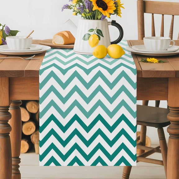 Kitchen Table Runner 36 Inches Long, Teal Turquoise Chevron Stripes Cotton Linen Table Runners for Dining Tables Home Holiday Party Wedding, Ombre Abstract Art Tabletop Scarf