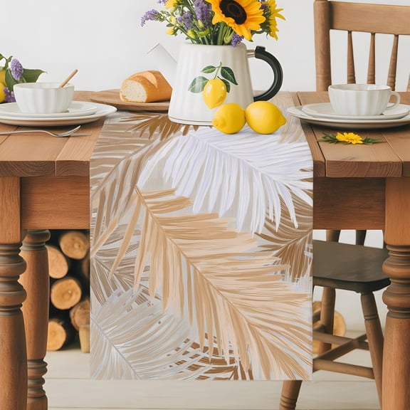 Kitchen Table Runner 36 Inches Long, Terracotta Botanical Palm Leaves Cotton Linen Table Runners for Dining Tables Home Holiday Party Wedding, Tropical Fronds Leaf Sketch Tabletop Scarf