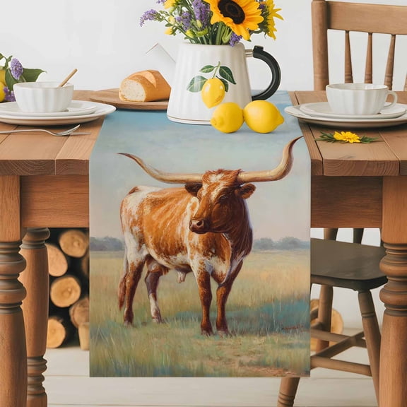 Kitchen Table Runner 36 Inches Long, Texas Longhorn Grass Sunset Cotton Linen Table Runners for Dining Tables Home Holiday Party Wedding, Farmhouse Natural Landscape Tabletop Scarf