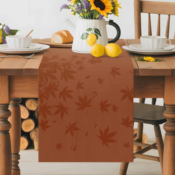 Kitchen Table Runner 36 Inches Long, Thanksgiving Maple Leaves Silhouette Cotton Linen Table Runners for Dining Tables Home Holiday Party Wedding, Fallen Leaf Orange Ombre Tabletop Scarf