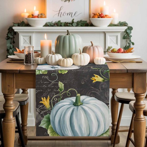 Kitchen Table Runner 36 Inches Long, Thanksgiving Pumpkin on Blackboard Cotton Linen Table Runners for Dining Tables Home Holiday Party Wedding, Abstract Country Plant Tabletop Scarf
