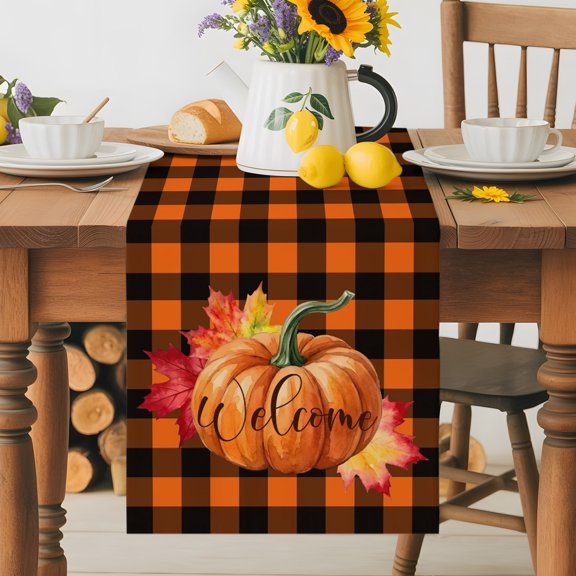 Kitchen Table Runner 36 Inches Long, Thanksgiving Pumpkin Fall Maple Leaf Cotton Linen Table Runners for Dining Tables Home Holiday Party Wedding, Orange Black Buffalo Check Tabletop Scarf