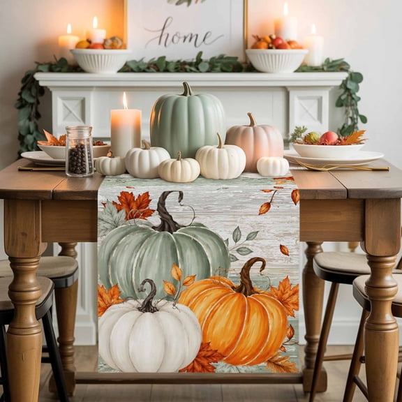 Kitchen Table Runner 36 Inches Long, Thanksgiving Pumpkins Fall Maple Leaves Cotton Linen Table Runners for Dining Tables Home Holiday Party Wedding, Sage Green Tabletop Scarf
