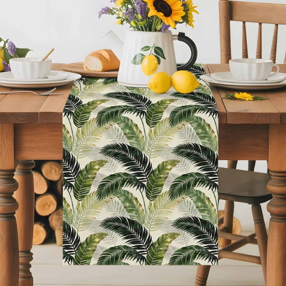 Kitchen Table Runner 36 Inches Long, Tropical Botanical Palm Leaves Cotton Linen Table Runners for Dining Tables Home Holiday Party Wedding, Jungle Green Foliage Leaf Tabletop Scarf