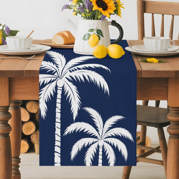 Kitchen Table Runner 36 Inches Long, Tropical Coconut Tree Cotton Linen Table Runners for Dining Tables Home Holiday Party Wedding, Deep Navy Background Tabletop Scarf