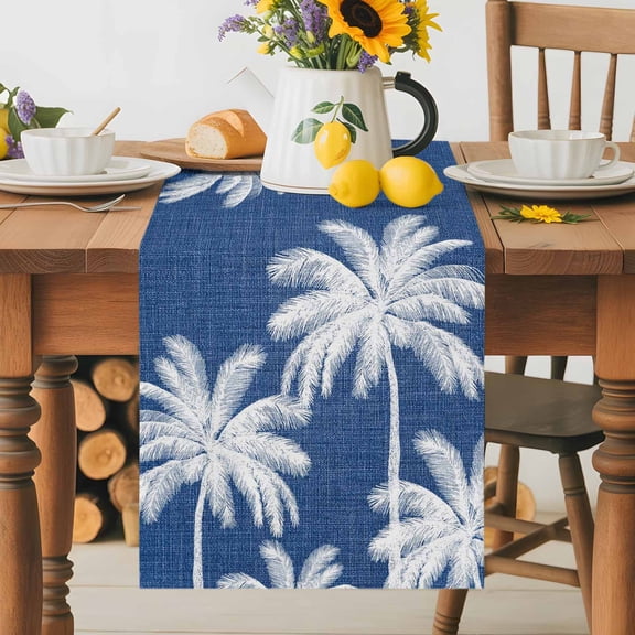 Kitchen Table Runner 36 Inches Long, Tropical Coconut Trees Silhouette Cotton Linen Table Runners for Dining Tables Home Holiday Party Wedding, Coastal Dark Blue Burlap Tabletop Scarf