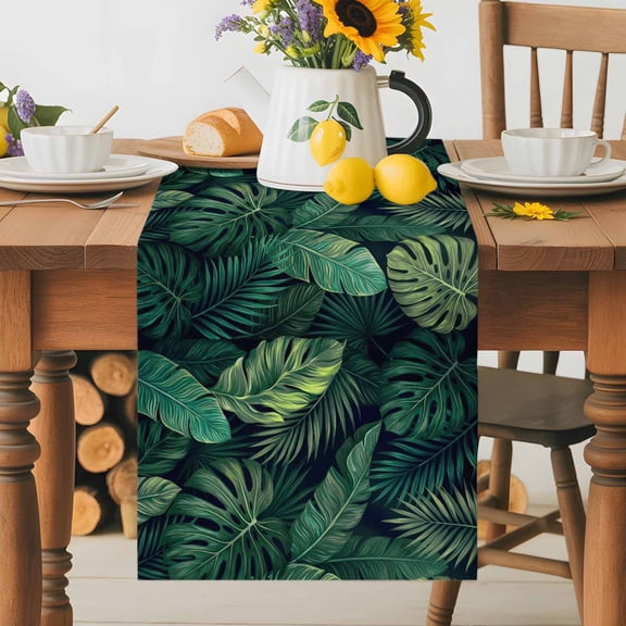 Kitchen Table Runner 36 Inches Long, Tropical Monstera Palm Leaves Cotton Linen Table Runners for Dining Tables Home Holiday Party Wedding, Watercolor Green Plants Tabletop Scarf