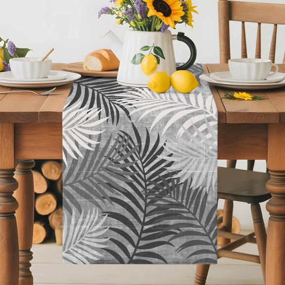 Kitchen Table Runner 36 Inches Long, Tropical Palm Leaves Cotton Linen Table Runners for Dining Tables Home Holiday Party Wedding, Monochrome Botanical Tabletop Scarf