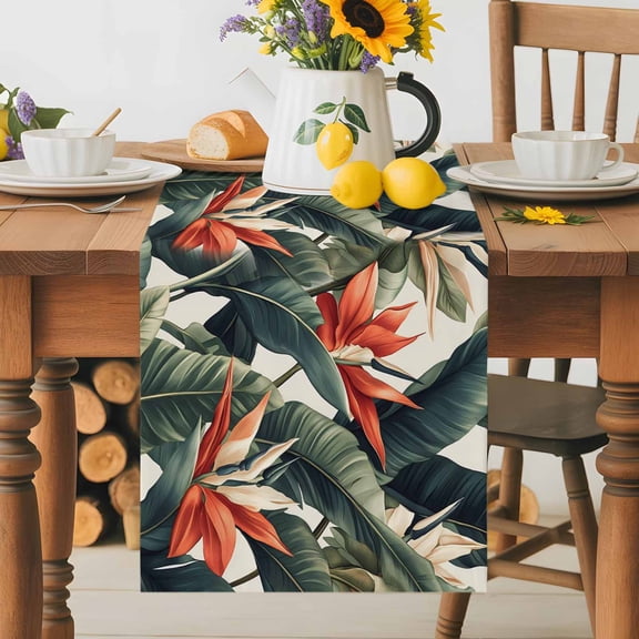 Kitchen Table Runner 36 Inches Long, Tropical Palm Leaves Flower on Beige Cotton Linen Table Runners for Dining Tables Home Holiday Party Wedding, Watercolor Plant Tabletop Scarf