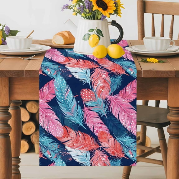 Kitchen Table Runner 36 Inches Long, Tropical Pink Blue Bird Feathers Cotton Linen Table Runners for Dining Tables Home Holiday Party Wedding, Vibrant Plumage Tabletop Scarf
