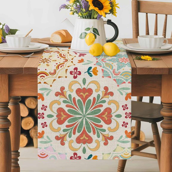 Kitchen Table Runner 36 Inches Long, Turkey Floral Pattern Cotton Linen Table Runners for Dining Tables Home Holiday Party Wedding, Retro Bohemian Art Tabletop Scarf