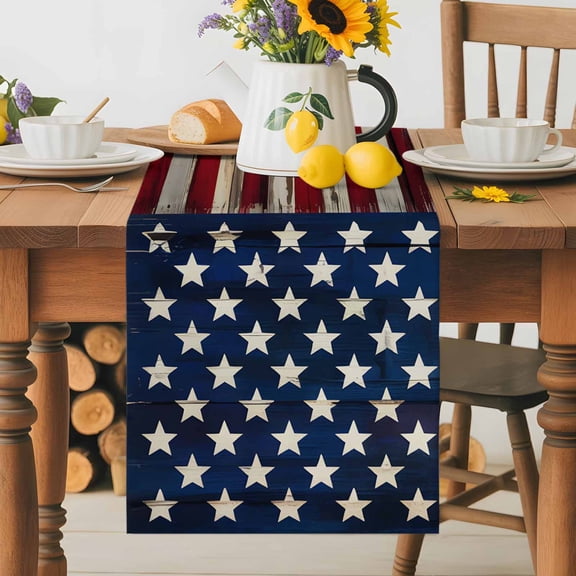 Kitchen Table Runner 36 Inches Long, USA Flag Independence Day Cotton Linen Table Runners for Dining Tables Home Holiday Party Wedding, 4th of July Stars and Stripes Tabletop Scarf