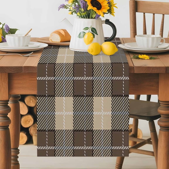 Kitchen Table Runner 36 Inches Long, Vintage Buffalo Tartan Plaid Cotton Linen Table Runners for Dining Tables Home Holiday Party Wedding, Brown Checkered Tabletop Scarf