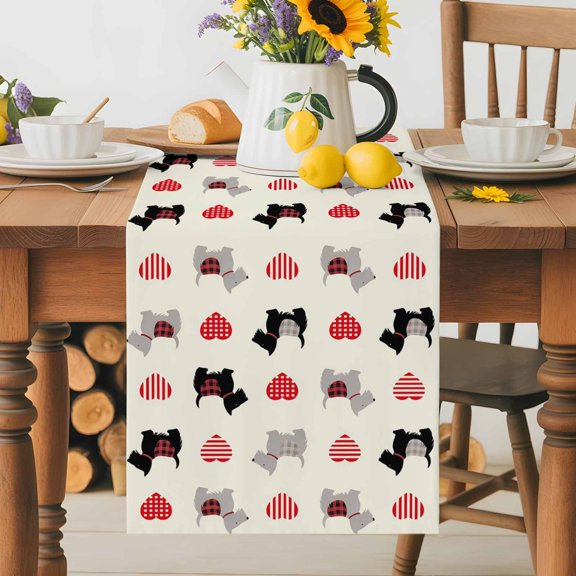 Kitchen Table Runner 36 Inches Long, Vintage Cartoon Pets Scotch Dogs Cotton Linen Table Runners for Dining Tables Home Holiday Party Wedding, Red Striped Plaid Love Tabletop Scarf