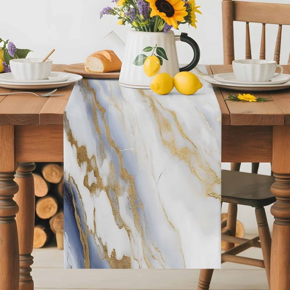 Kitchen Table Runner 36 Inches Long, Vintage Marble Texture Seamless Cotton Linen Table Runners for Dining Tables Home Holiday Party Wedding, Abstract Golden Veins Tabletop Scarf