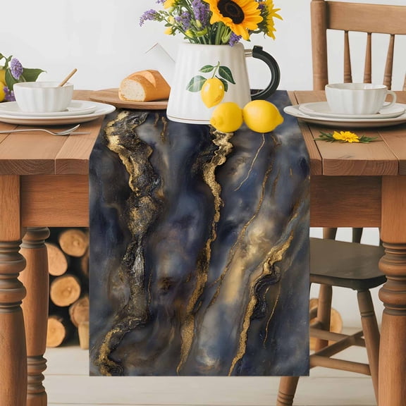 Kitchen Table Runner 36 Inches Long, Vintage Marble Texture Seamless Cotton Linen Table Runners for Dining Tables Home Holiday Party Wedding, Luxury Boho Gold Crack Tabletop Scarf