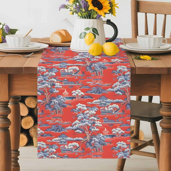 Kitchen Table Runner 36 Inches Long, Vintage Red Chinoiserie Garden Cotton Linen Table Runners for Dining Tables Home Holiday Party Wedding, Retro Forest Landscape Tabletop Scarf