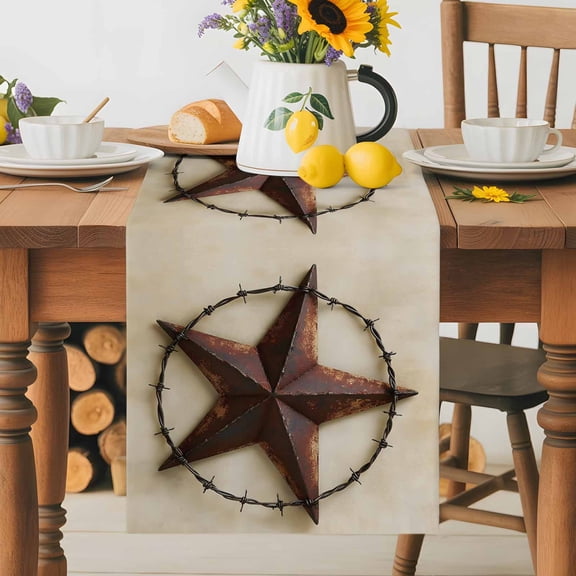Kitchen Table Runner 36 Inches Long, Vintage Rustic Texas Lone Star Cotton Linen Table Runners for Dining Tables Home Holiday Party Wedding, 4th of July Pentagram Tabletop Scarf