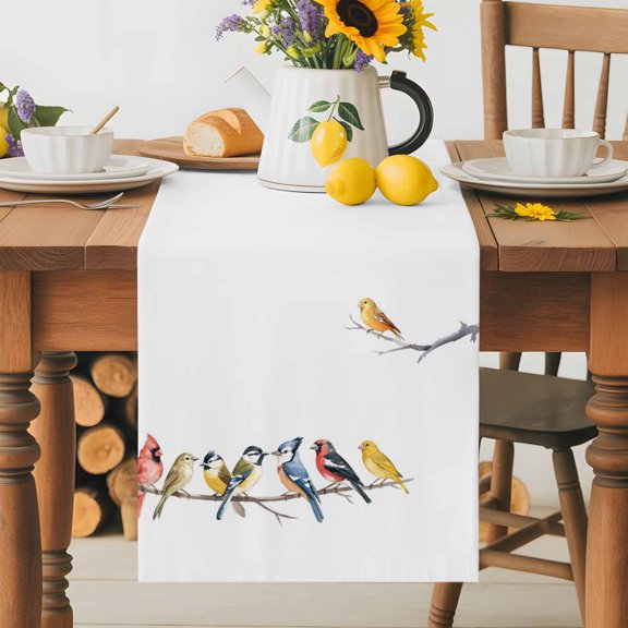 Kitchen Table Runner 36 Inches Long, Watercolor Birds on Tree Branch Cotton Linen Table Runners for Dining Tables Home Holiday Party Wedding, Summer Country Scenery Tabletop Scarf