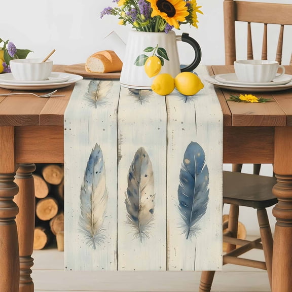 Kitchen Table Runner 36 Inches Long, Watercolor Blue Brown Feather Cotton Linen Table Runners for Dining Tables Home Holiday Party Wedding, Retro Farm Wood Board Tabletop Scarf