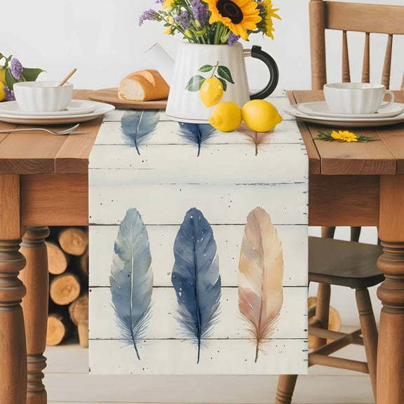 Kitchen Table Runner 36 Inches Long, Watercolor Feather Farm Wood Grain Cotton Linen Table Runners for Dining Tables Home Holiday Party Wedding, Rustic Beige Wooden Plank Tabletop Scarf