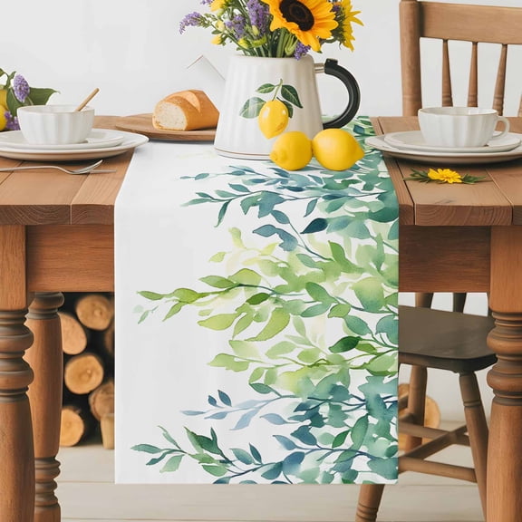 Kitchen Table Runner 36 Inches Long, Watercolor Foliage Pastoral Willow Cotton Linen Table Runners for Dining Tables Home Holiday Party Wedding, Spring Gradient Plant Tabletop Scarf