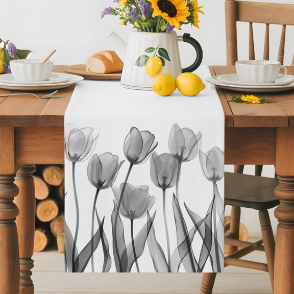 Kitchen Table Runner 36 Inches Long, Watercolor Gray Tulip Flower Cotton Linen Table Runners for Dining Tables Home Holiday Party Wedding, Garden Floral Leaves Minimalist Tabletop Scarf