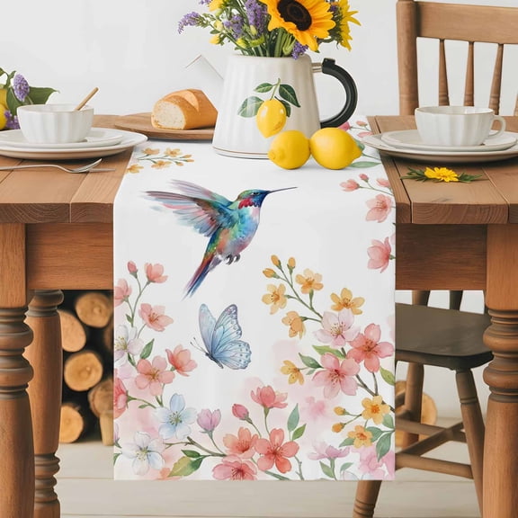 Kitchen Table Runner 36 Inches Long, Watercolor Hummingbird Butterflies Cotton Linen Table Runners for Dining Tables Home Holiday Party Wedding, Colorful Floral Pattern Tabletop Scarf