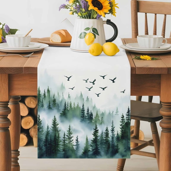 Kitchen Table Runner 36 Inches Long, Watercolor Misty Pine Forest Cotton Linen Table Runners for Dining Tables Home Holiday Party Wedding, Flying Birds Tabletop Scarf