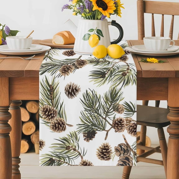 Kitchen Table Runner 36 Inches Long, Watercolor Pine Branches Cotton Linen Table Runners for Dining Tables Home Holiday Party Wedding, Pine Cones Seamless Tabletop Scarf