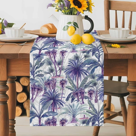 Kitchen Table Runner 36 Inches Long, Watercolor Tropical Palm Tree Leaves Cotton Linen Table Runners for Dining Tables Home Holiday Party Wedding, Summer Purple Green Botanical Tabletop Scarf