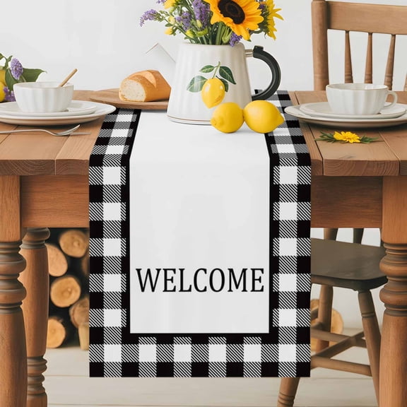 Kitchen Table Runner 36 Inches Long, Welcome Texts on Buffalo Checker Cotton Linen Table Runners for Dining Tables Home Holiday Party Wedding, Black White Check Tabletop Scarf