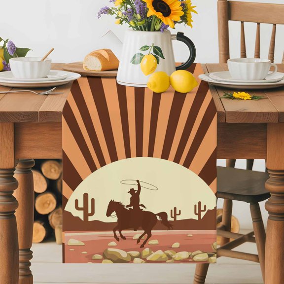 Kitchen Table Runner 36 Inches Long, Western Cowboy American Wild West Cotton Linen Table Runners for Dining Tables Home Holiday Party Wedding, Cowboys Riding Horse in Desert Tabletop Scarf