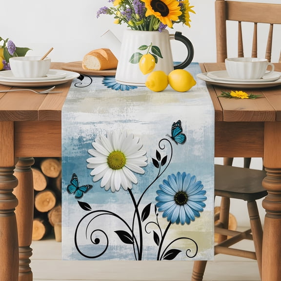 Kitchen Table Runner 36 Inches Long, White Blue Bright Floral Daisy Cotton Linen Table Runners for Dining Tables Home Holiday Party Wedding, Retro Farm Wood Board Tabletop Scarf
