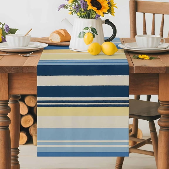 Kitchen Table Runner 36 Inches Long, Yellow Blue Stripes Farm Cotton Linen Table Runners for Dining Tables Home Holiday Party Wedding, Retro Watercolor Lines Tabletop Scarf