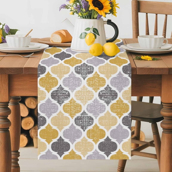 Kitchen Table Runner 36 Inches Long, Yellow Grey Retro Moroccan Pattern Cotton Linen Table Runners for Dining Tables Home Holiday Party Wedding, Abstract Geometric Art Tabletop Scarf