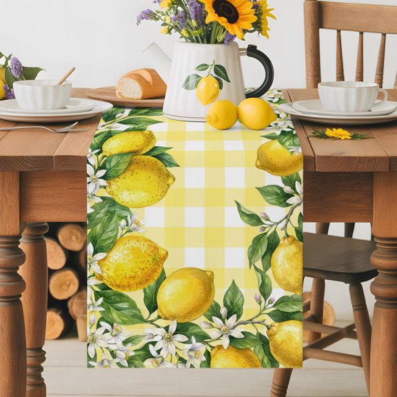 Kitchen Table Runner 36 Inches Long, Yellow Lemon White Floral Cotton Linen Table Runners for Dining Tables Home Holiday Party Wedding, Farmhouse Flower Fruit Yellow Check Tabletop Scarf