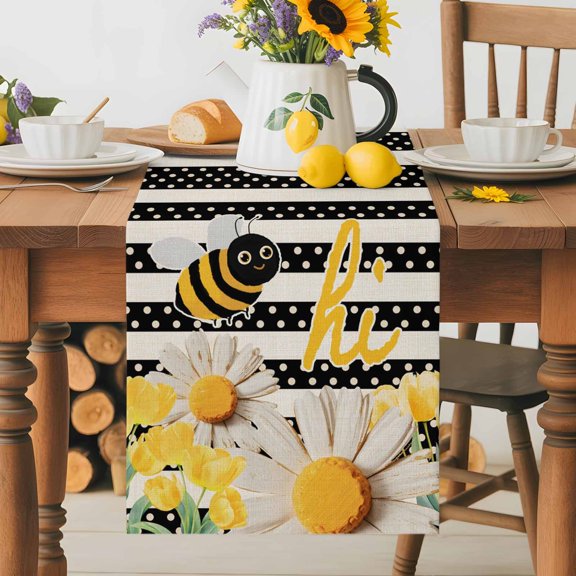 Kitchen Table Runner 70 Inches Long, Abstract Spring Daisy Tulips Bee Cotton Linen Table Runners for Dining Tables Home Holiday Party Wedding, White Black Striped Tabletop Scarf