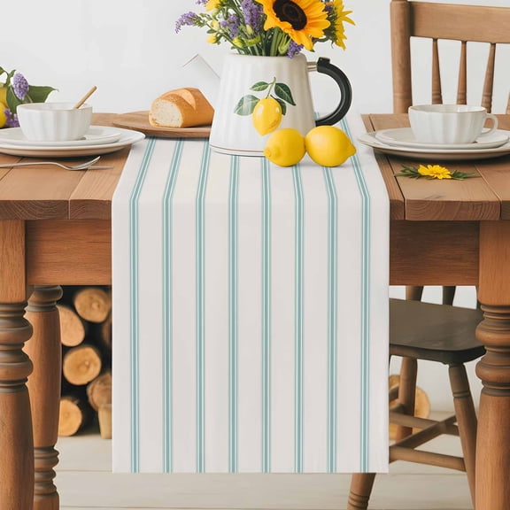 Kitchen Table Runner 70 Inches Long, Abstract Teal Stripe Geometric Art Cotton Linen Table Runners for Dining Tables Home Holiday Party Wedding, Modern Pinstripes on Beige Tabletop Scarf