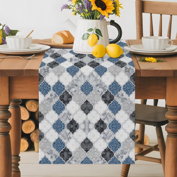 Kitchen Table Runner 70 Inches Long, Blue Black Gray Moroccan Pattern Cotton Linen Table Runners for Dining Tables Home Holiday Party Wedding, Quatrefoil Medallion Tabletop Scarf