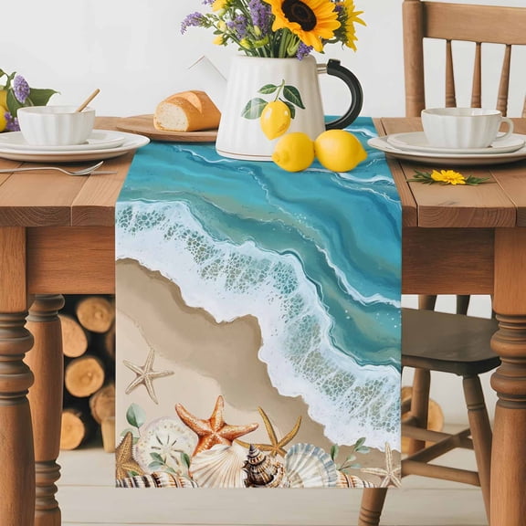 Kitchen Table Runner 70 Inches Long, Blue Ocean Summer Beach Shells Starfish Cotton Linen Table Runners for Dining Tables Home Holiday Party Wedding, Coastal Nautical Theme Tabletop Scarf