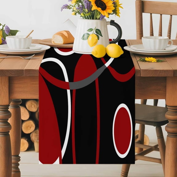 Kitchen Table Runner 70 Inches Long, Burgundy Red Color Block Cotton Linen Table Runners for Dining Tables Home Holiday Party Wedding, Abstract Geometric Black Stripe Tabletop Scarf